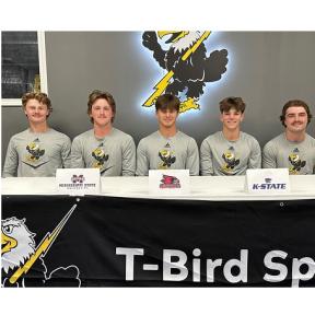 From L-R: Carson Latimer, Kevin Mannell, Demitri Shakotko, Scott Rienguette, and Gavin Roy All Signed NJCAA Division I Letters of Intent for the 2024-2025 Season