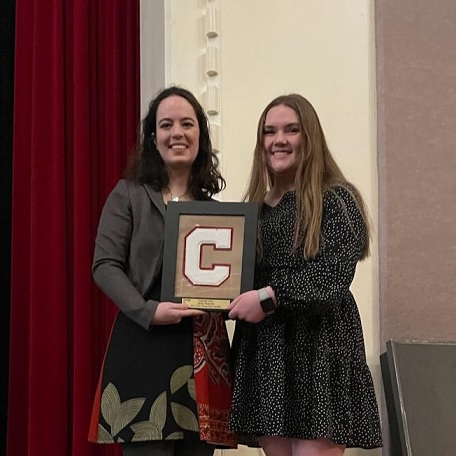 2004 Concordia High School Graduate Shelby Prindaville was Presented a Concordia Letter by Senior Jenna McFadden Following Her Pause PAWS Presentation on Friday, February 17th