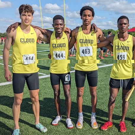 The Cloud County 4x800 Meter Relay Team (Andres Young, Ishmael Acheampong, Kamogelo Thipe, and Nichalas Power) Pose After Winning the 2024 Region VI Championship on Friday, May 3rd