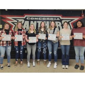 Concordia High School Girls Basketball Award Winners Hanna Acree, Cianna DeLeon, Kinsleigh Bethune, Charlize Cash, Taylor McDaniel, Carlie Carlgren and Tiana Jones