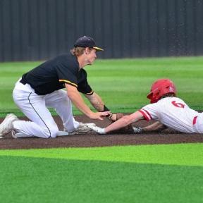 Landon Meyer Applies the Tag on Jack Bell to Catch the KJCCC Leader in Stolen Bases for just the Fifth Time in 56 Attempts This Year